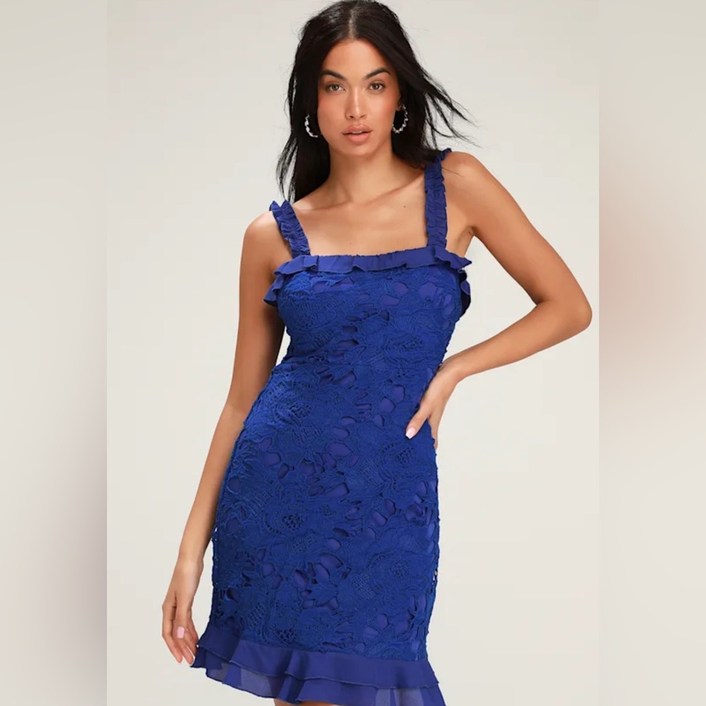 Lulu’s Deep In Love Cobalt Blue Ruffled Lace Dress Medium